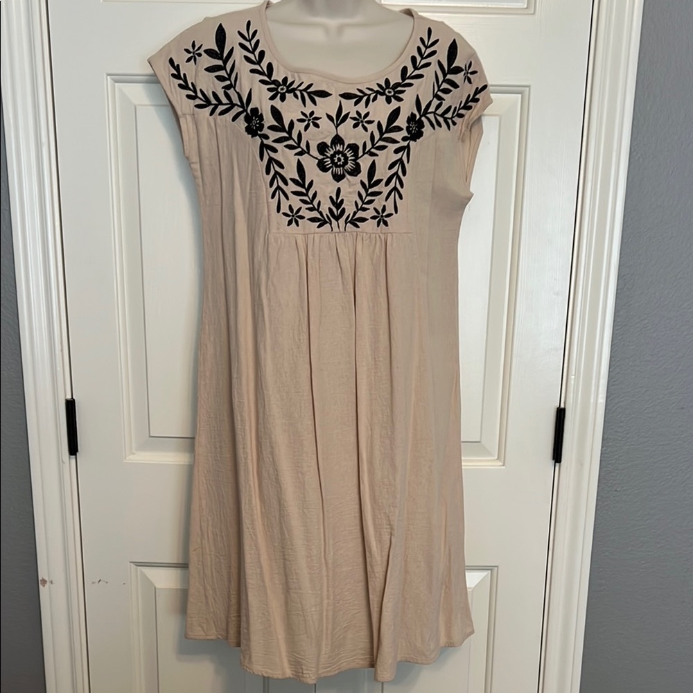 Cream Dress with Black Floral Embroidery
